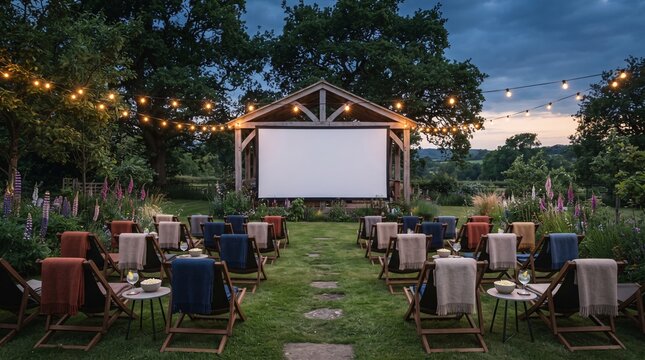 Outdoor Cinema in a Countryside Garden with Projector Screen and Cozy Deck Chairs at Twilight