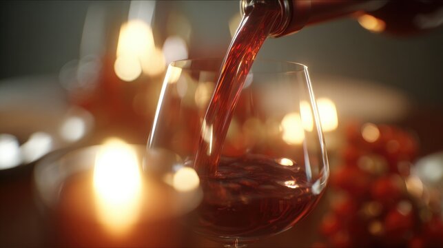 A close-up macro shot of the moment when red wine is poured into a glass in an upscale restaurant