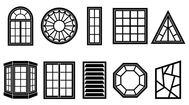 Window vector icon set with arched window round rose window bay window triangular grid shutter octagonal and geometric window frame black silhouette illustration
