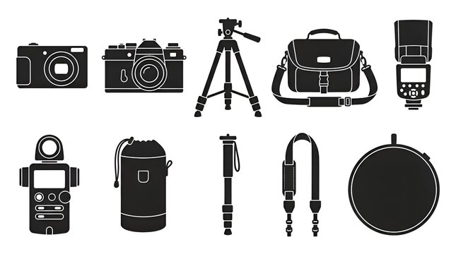 Photography equipment and camera gear icon set with digital camera tripod shoulder bag flash light meter lens pouch monopod strap and reflector black vector illustration
