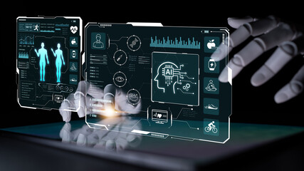 Fototapeta premium Futuristic Display of Virtual Health Data Analysis with Human Interaction and Robotic Elements in a Dark Environment. Bitwise.