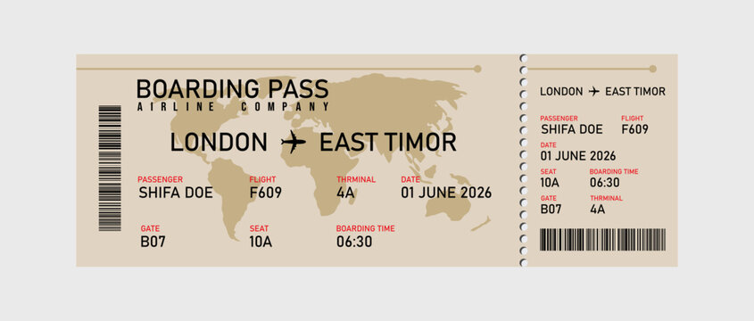 Beige airline boarding pass template for a flight from london to east timor with map barcode, passenger name, and seat information