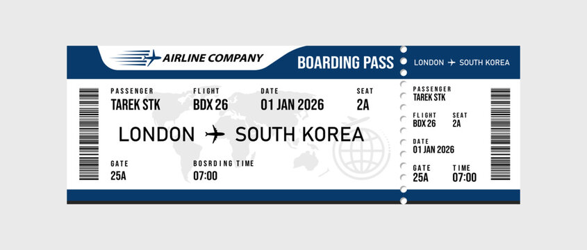 Blue and white airline boarding pass template for a flight from london to south korea with map globe barcode, and flight details