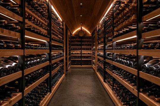 High-end professional commercial B2B interior photograph inside a luxury automated fine dining restaurant wine cellar vault
