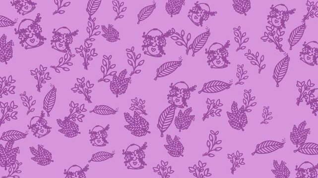 Whimsical purple pattern with cute cartoon owls and leafy plant branches, suitable for childrens decorative designs and naturethemed projects.