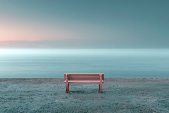 Empty wooden bench on beach overlooking calm sea at dawn