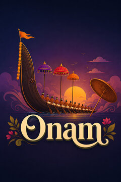 Stunning painting showing decorated snake boat rowers against a beautiful purple sunset sky celebrating happy onam the south indian festival in kerala