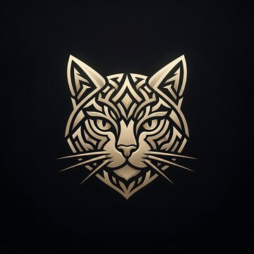 Golden cat head illustration featuring intricate tribal patterns against a solid dark black matte background