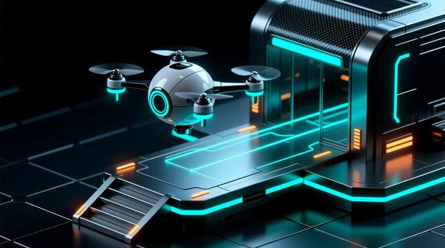 Autonomous drone on sleek launchpad symbolizing futuristic business innovation and smart logistics for dynamic startup in high-tech environment
