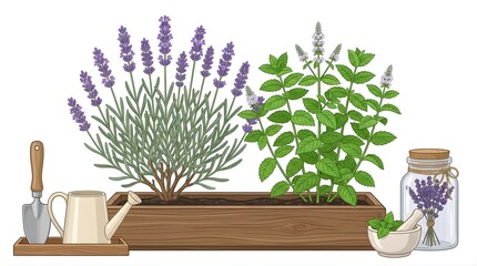 Fototapeta premium Lavender and mint plants growing in a wooden planter box with garden tools