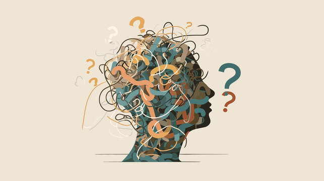 Overthinking and Anxiety Concept with Abstract Human Head and Tangled Maze Lines