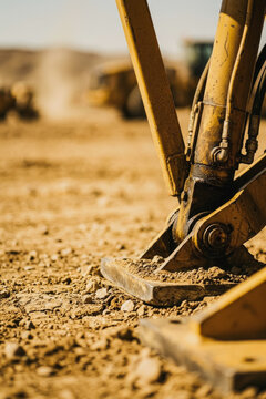 Close-up of excavator hydraulic arm on construction site