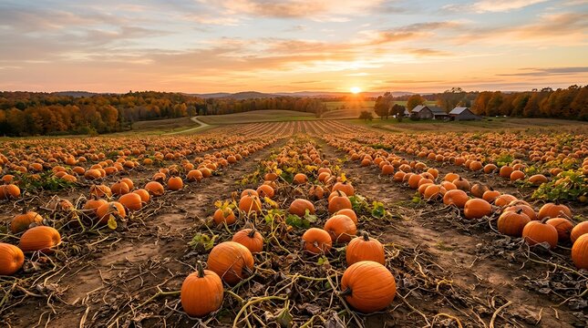 Vast pumpkin patch at sunset with rows of orange pumpkins in a rural field