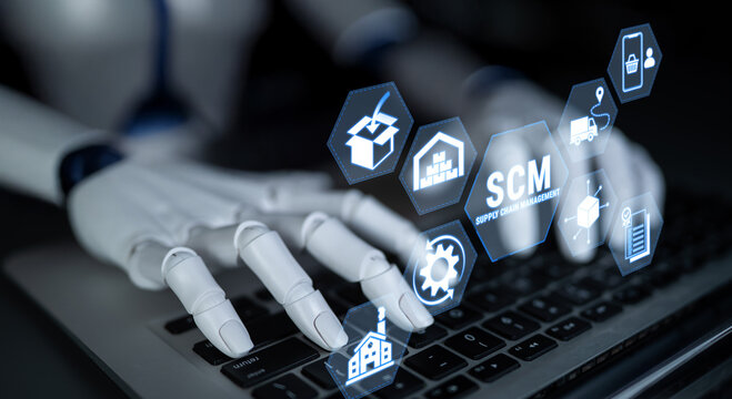Robotic hand interacting with digital supply chain management icons, showcasing technology in logistics and modern business operations for efficiency and automation Fluxor.