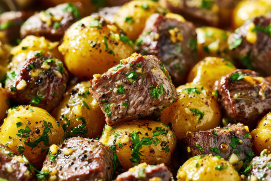 Roasted potatoes with beef chunks and fresh herbs