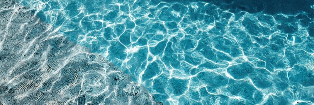 Clear blue water surface with ripple and sparkling sun light reflection, creating an abstract pattern. Sandy bottom visible