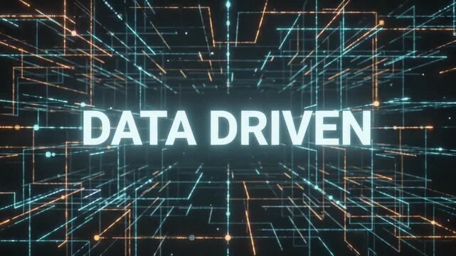 A glowing 'DATA DRIVEN' text displayed in a futuristic digital grid environment with interconnected lines and dots, representing technology and information.