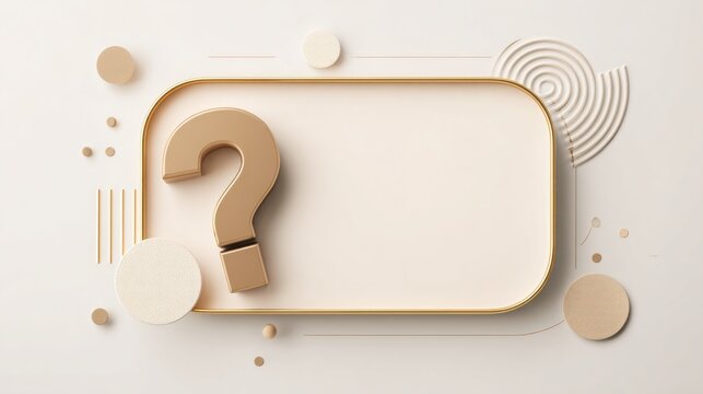3D white minimalist question mark background template with copy space. Clean white 3D abstract graphic design template featuring a large question mark and empty rectangular frame for FAQ and business 