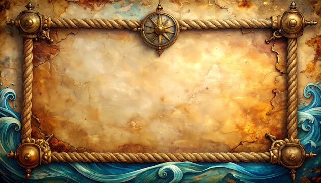 Vintage nautical frame featuring an aged parchment center surrounded by decorative ropes, an ornate compass, and stylized blue ocean waves for maritime themed projects.