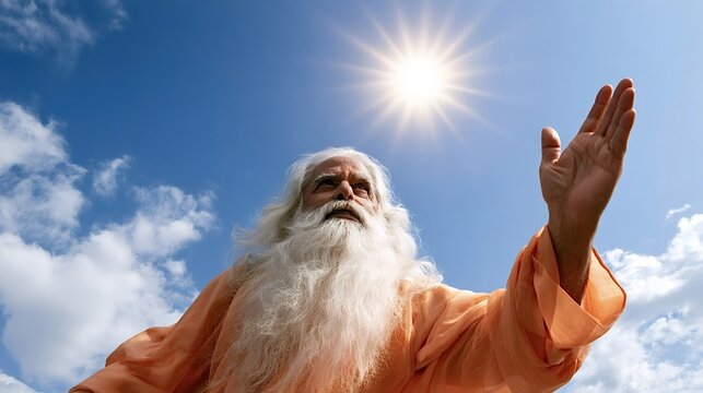 Elderly guru with long white hair and beard wearing orange robe, raising hand towards the bright sun in a blue sky, symbolizing spirituality, blessing, wisdom, and divine connection