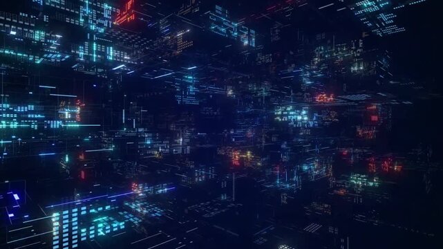 Futuristic 3D digital technology cyberspace matrix and big data network visual HUD grid background animation loop