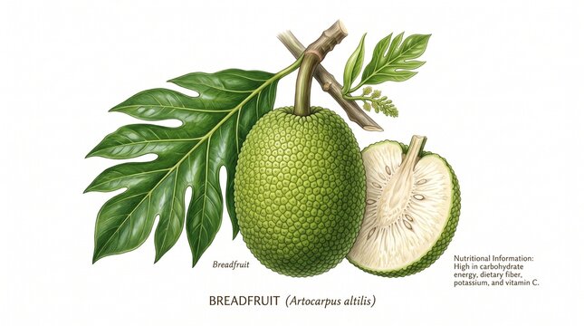 Detailed botanical illustration of breadfruit (Artocarpus altilis) showing whole fruit, cross-section with pale interior and seeds, and large lobed green leaf, labeled with nutritional info.