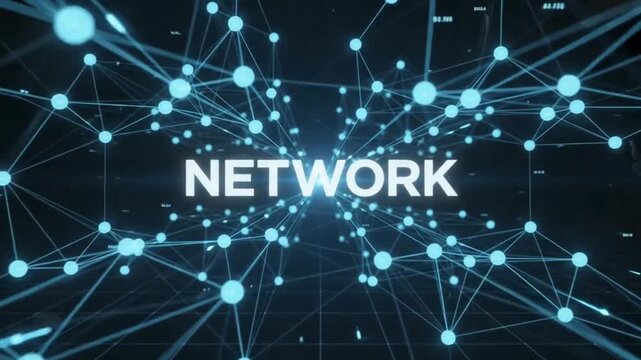 A digital network illustration with glowing blue interconnected dots and lines on a dark background, featuring the word "NETWORK" prominently in the center.