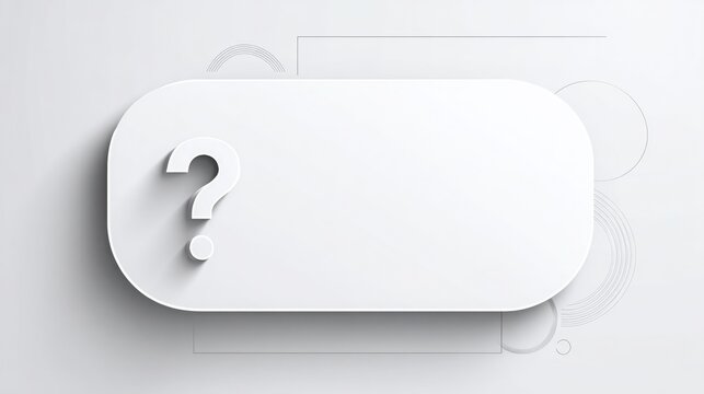 3D white minimalist question mark background template with copy space. Clean white 3D abstract graphic design template featuring a large question mark and empty rectangular frame for FAQ and business 