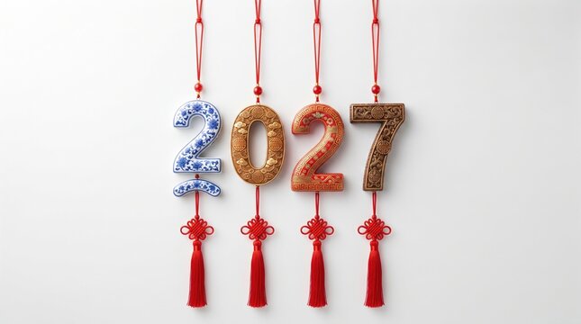 Decorative numbers 2027 with tassels for chinese new year holiday decoration.