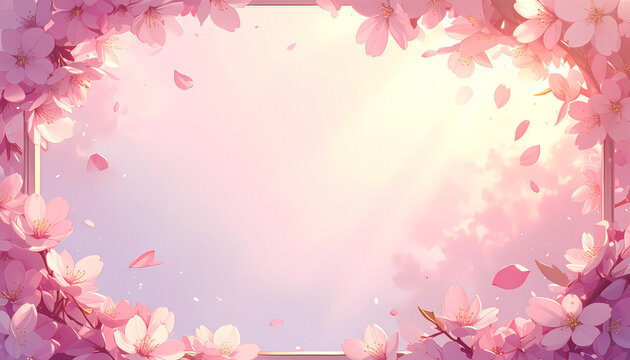 Soft pink cherry blossoms framing a luminous pastel background with falling petals.