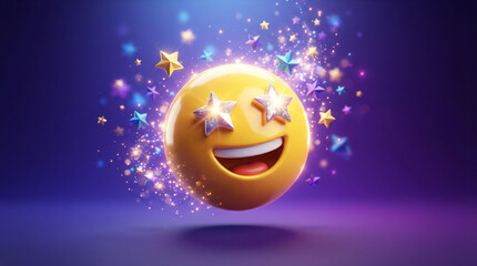 Fototapeta premium Starry eyed emoji with glowing stars, yellow 3D smiley face on purple background, festive celebration emoticon with sparkling light effects