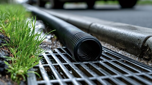 Black corrugated plastic drain pipe channeling water from a downspout or drainage system into a metal storm drain grate on a paved street next to a concrete curb and green grass