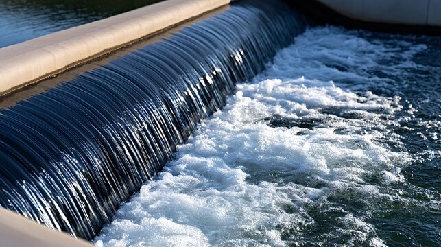 Water continuously flowing over a concrete weir, forming a small waterfall and generating white foam and splashes, symbolizing power, movement, and natural energy in a river environment