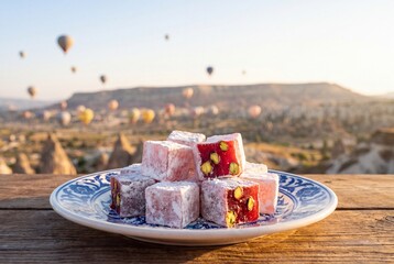 Fototapeta premium A decorative plate filled with traditional Turkish delight lokum cubes with pistachios, sitting on a wooden table with a breathtaking view of hot air balloons at sunrise.