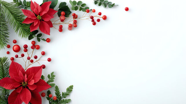 Christmas composition with red poinsettia flowers, fir branches, and berries on white background. Festive frame for greeting cards and invitations.