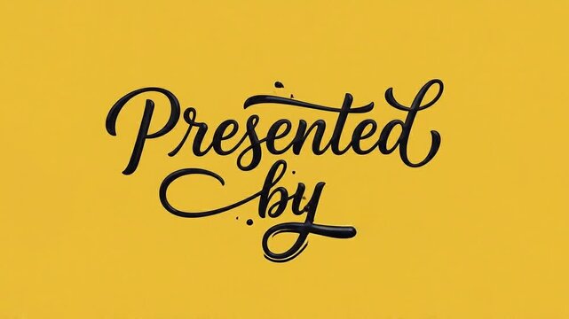 Black liquid ink forming the words "Presented by" in calligraphy on a vibrant yellow background, finishing with subtle concentric circle elements