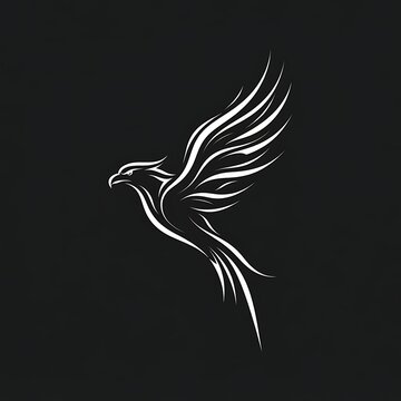 Majestic phoenix bird soaring with elegant white lines against a dark moody solid black background wallpaper