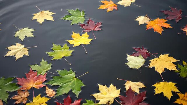 Colorful autumn maple leaves floating on dark water with ripples