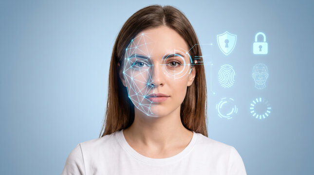 Biometric face scanner identity security. Futuristic digital facial recognition system. identification verification id access, security protection