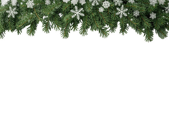 Dense evergreen top border with large white snowflake ornaments