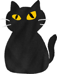 Cute black cat with bright yellow eyes, spooky halloween kitten pet vector illustration isolated on transparent background