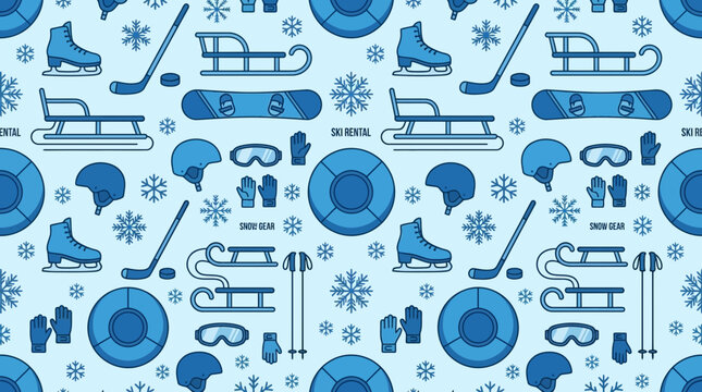 Blue seamless pattern of winter sports equipment and ski gear featuring alpine rental accessories snowboarding tools and mountain vacation symbols in a flat vector design for lodge background.