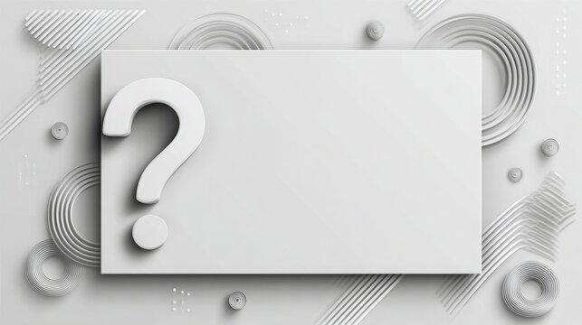 3D white minimalist question mark background template with copy space. Clean white 3D abstract graphic design template featuring a large question mark and empty rectangular frame for FAQ and business 
