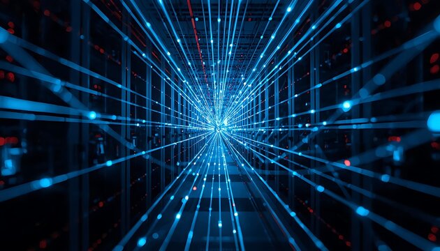 Data center interior with converging lines of light representing data transmission