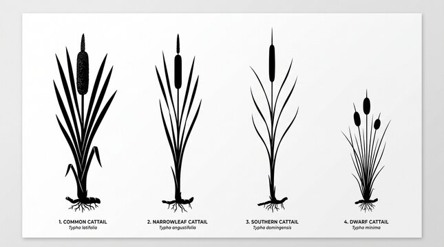 Four black cattail plant silhouettes labeled Broadleaf, Narrowleaf, Southern, and Dwarf, side-by-side comparison highlighting differences in leaf width, height, and seed head size.