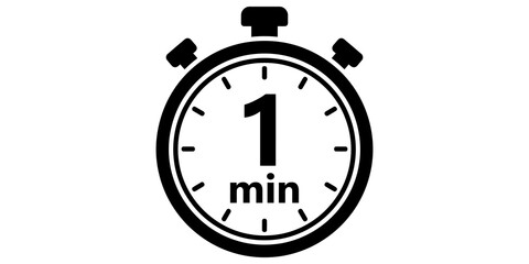 Stopwatch icon showing one minute time duration on transparent background.