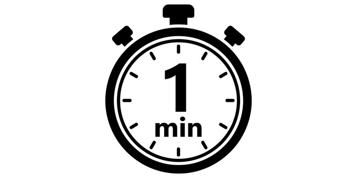 Stopwatch icon showing one minute time duration on transparent background.