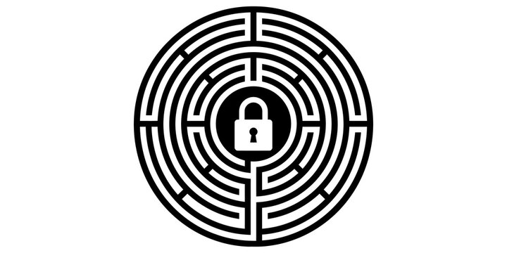 Circular maze with lock icon at center on transparent background.