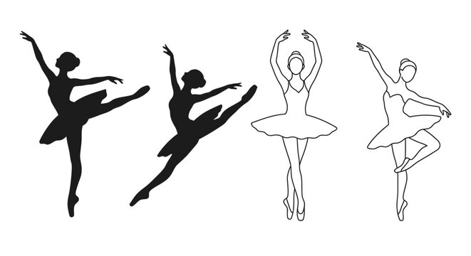 Ballerina silhouettes and line art depict graceful dance poses on a white background