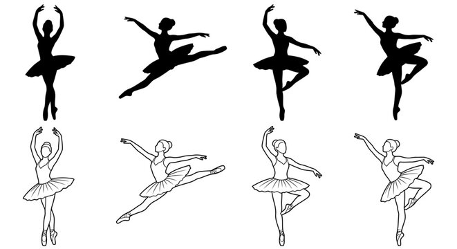 Ballerina silhouettes and line art depict graceful dance poses on a white background